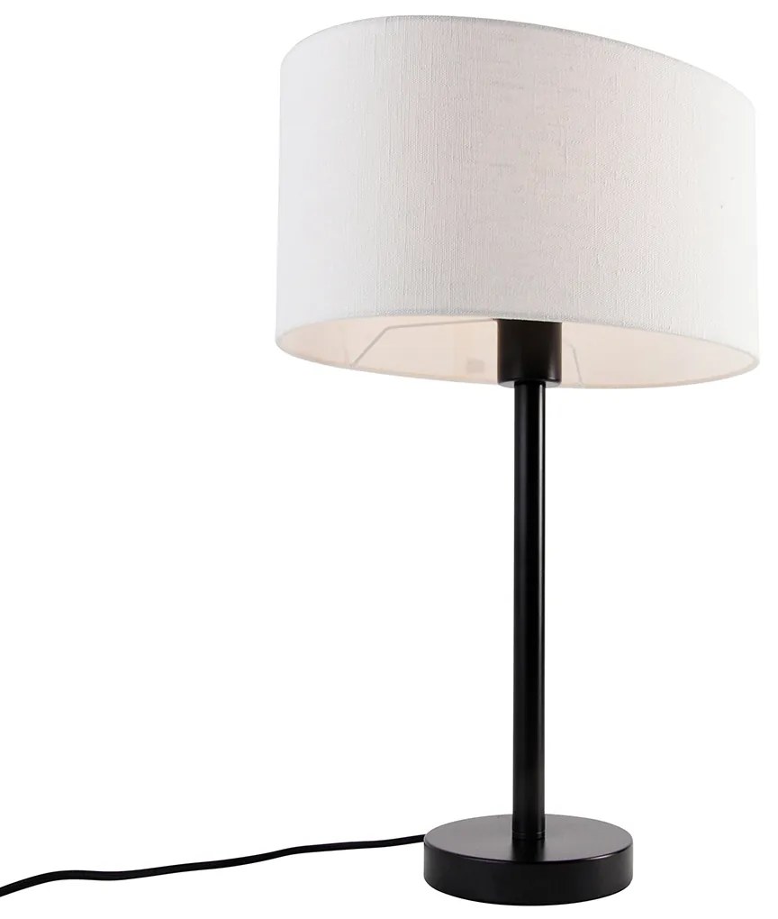 Candeeiro de mesa preto com abajur oval de linho branco 35cm - Simplo Moderno