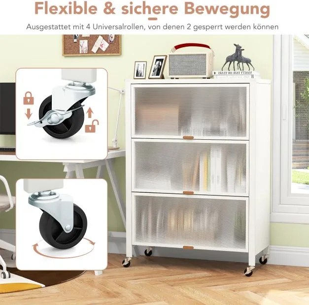 Estante de cozinha de 3 níveis com rodas com portas rebatíveis 81 x 37 x 115 cm branco