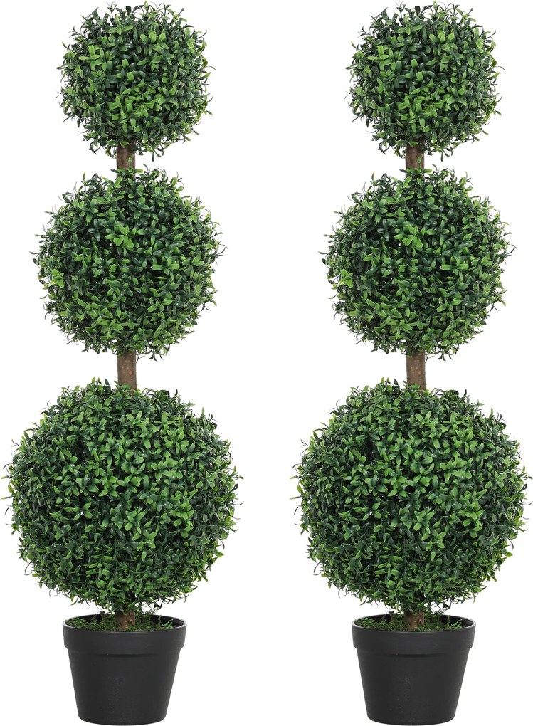 HOMCOM Conjunto de 2 árvores artificiais 101,6 cm 3 bolas de buxo topiárias planta artificial verde PE com vaso para interior e exterior | Aosom Portugal