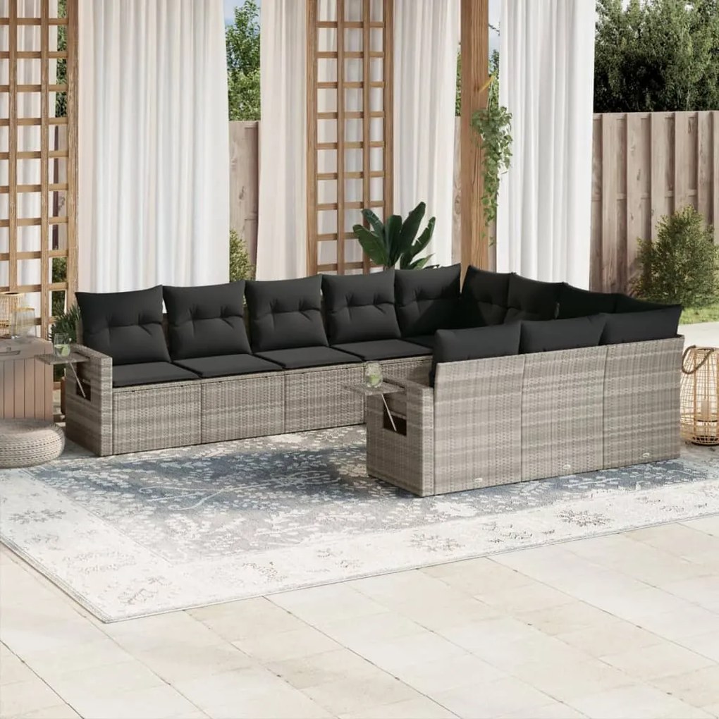 vidaXL 10 pcs conj. sofás jardim com almofadões vime PE cinzento-claro