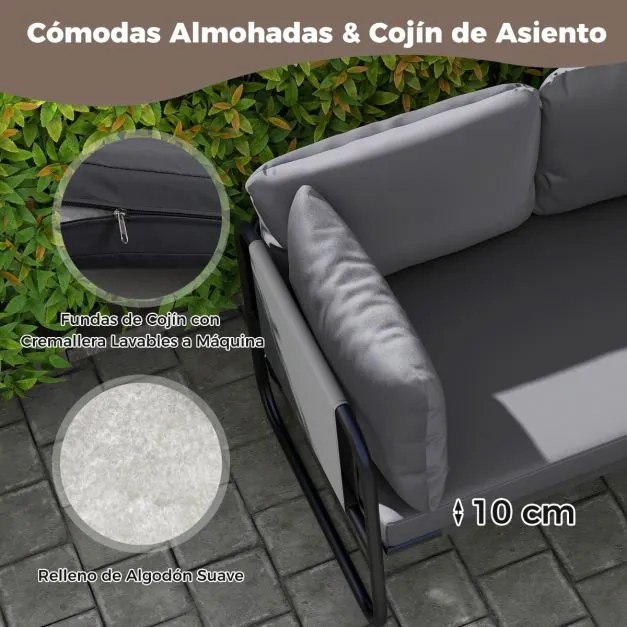 Sofá de jardim exterior 116 x 65 x 59 cm de 2 lugares com almofadas removíveis, apoios de braços laterais e estrutura em metal 116 x 65 x 59 cm cinzen