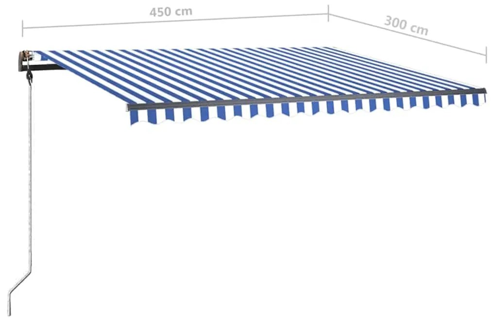 Toldo retrátil manual com LED 450x300 cm azul e branco