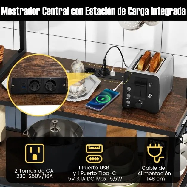 Estante de 5 níveis para cozinha com 2 tomadas e com 10 ganchos 107 x 37 x 160 cm para micro-ondas Castanha