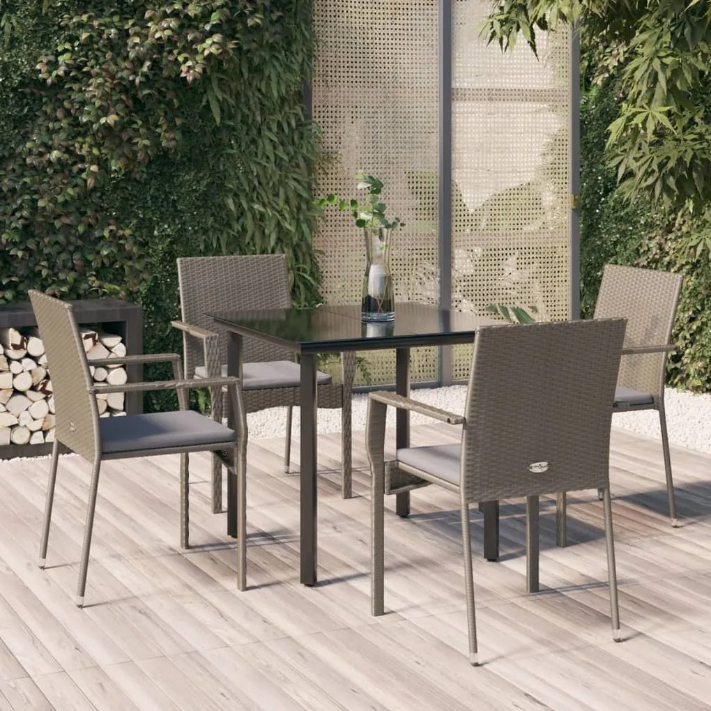 3185126 vidaXL 5 pcs conjunto jantar jardim c/ almofadões vime PE preto/cinza