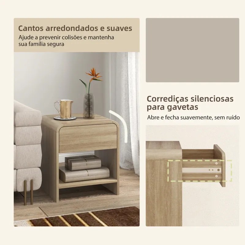 Conjunto de 2 Mesas de Cabeceira ou Mesas Apoio Nórdicas 40x35x45 cm com Cantos Arredondados Gaveta e Prateleira Aberta Madeira