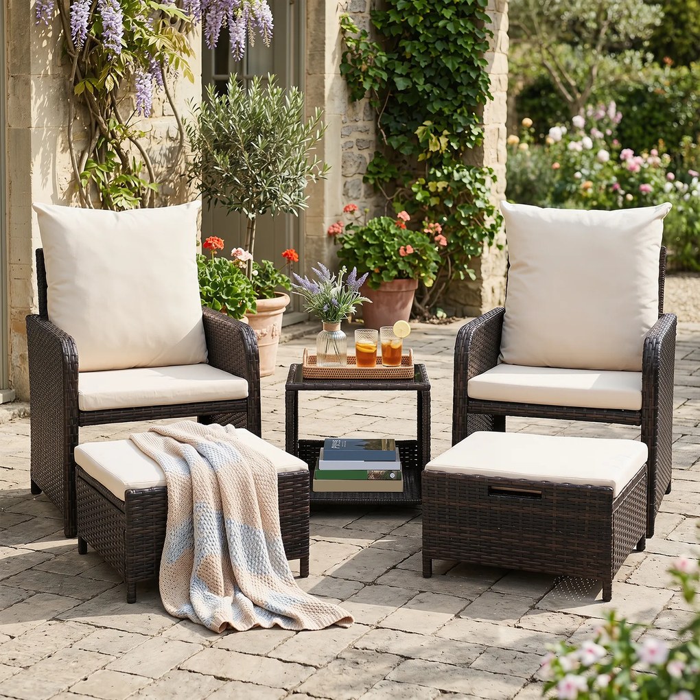 Conjunto de 5 Peças, 2 Cadeiras de Jardim, Mesa Auxiliar e 2 Apoios para os Pés, 45,5 x 45,5 x 43 cm, Almofadas de Alta Densidade, Bege