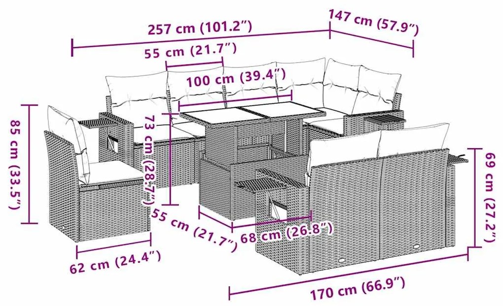 9 pcs conj. sofás jardim com almofadões vime PE cinzento-claro