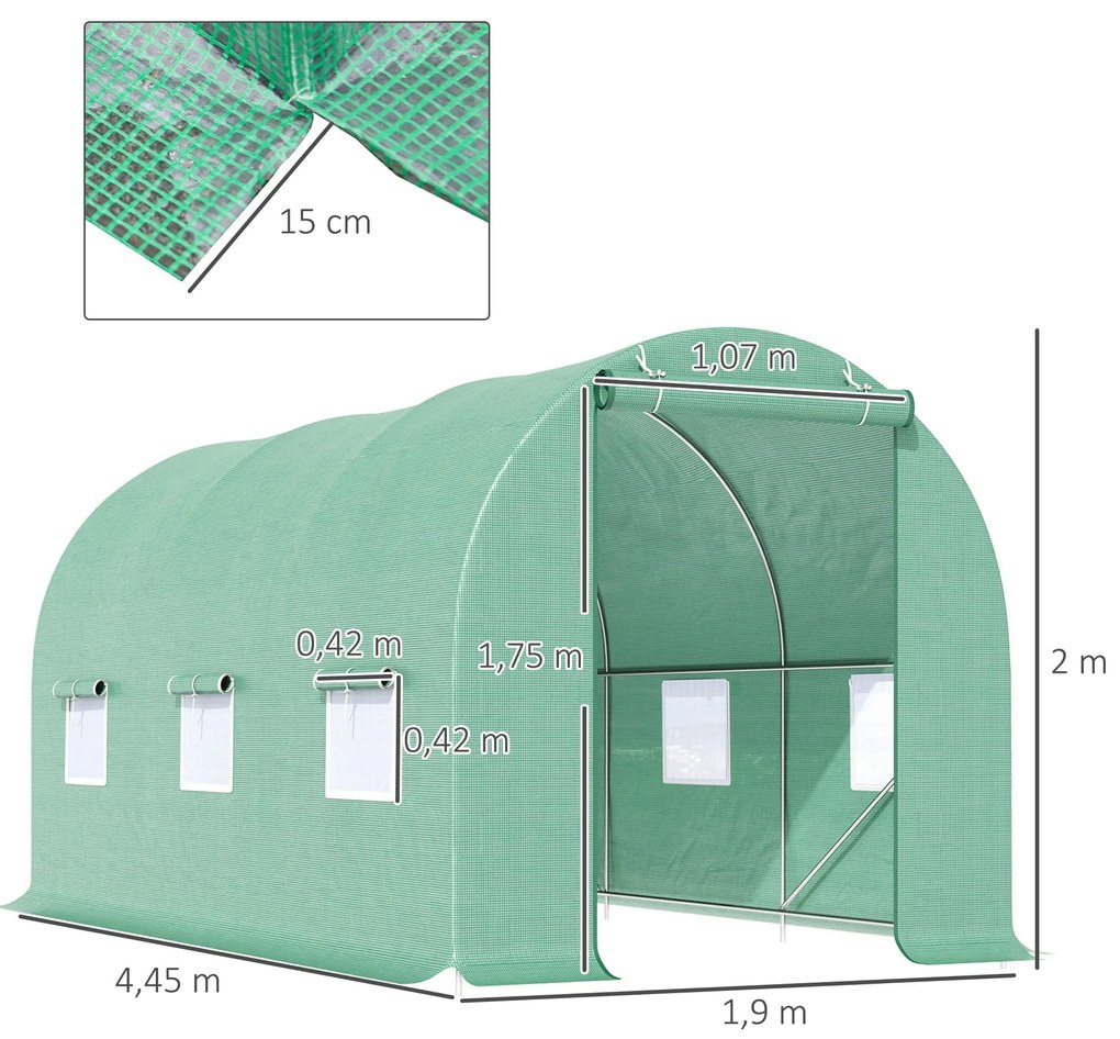 Estufa Túnel 445x190x200 cm Estufa de Jardim com 6 Janelas 1 Porta e C