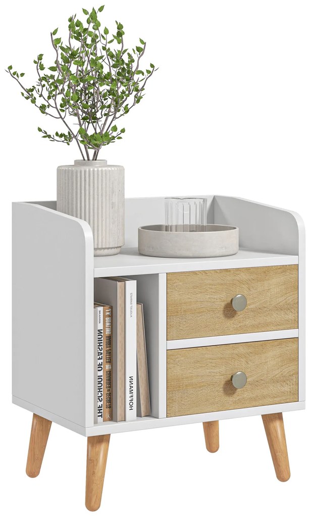 HOMCOM Mesa de Cabeceira Mesa de Cabeceira com 2 Gavetas Grandes 1 Prateleira Aberta e Pés Elevados Estilo Nórdico para Sala de Estar Dormitório 43x30x49 cm Branco e Madeira