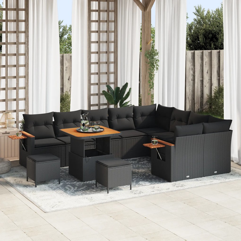 vidaXL Conjunto de Sofá de Jardim de 12 Peças com Almofadas Rattan Sintético Preto Acácia