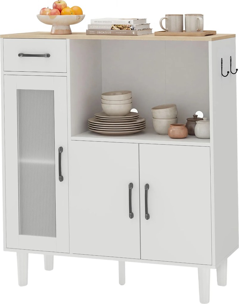 Armário de cozinha 80 x 34 x 91 cm, móvel de arrumação com gaveta, 3 portas, das quais 1 em acrílico canelado, prateleira aberta, branco e carvalho