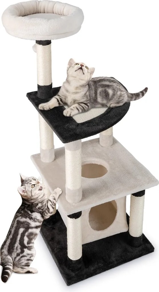 Arranhador para gatos 49 x 49 x 122,5 cm com vários níveis para gatos com postes para arranhar em sisal e plataforma arqueada bege