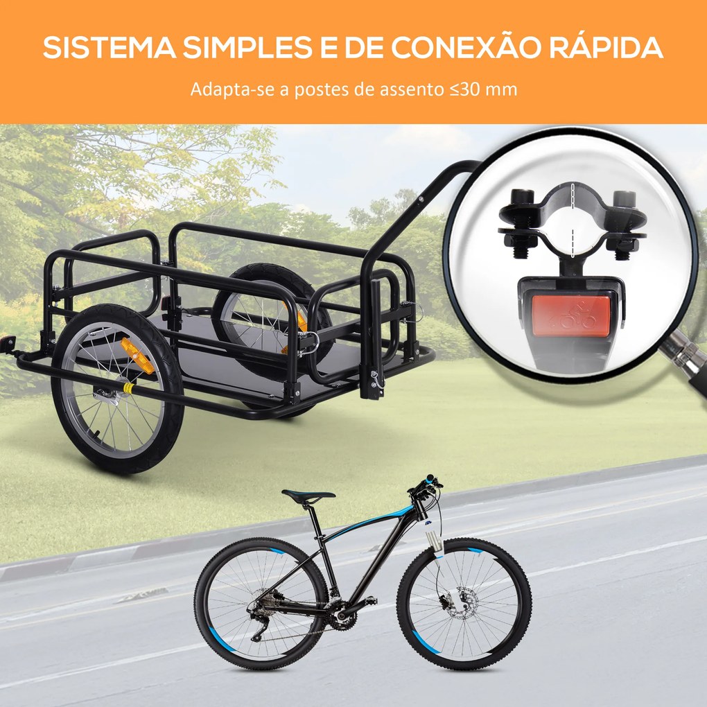 Reboque de Carga para Bicicleta Carrinho Dobrável para Bicicleta com 2 Rodas Refletores Carga 40 kg 155x71,5x77 cm Preto