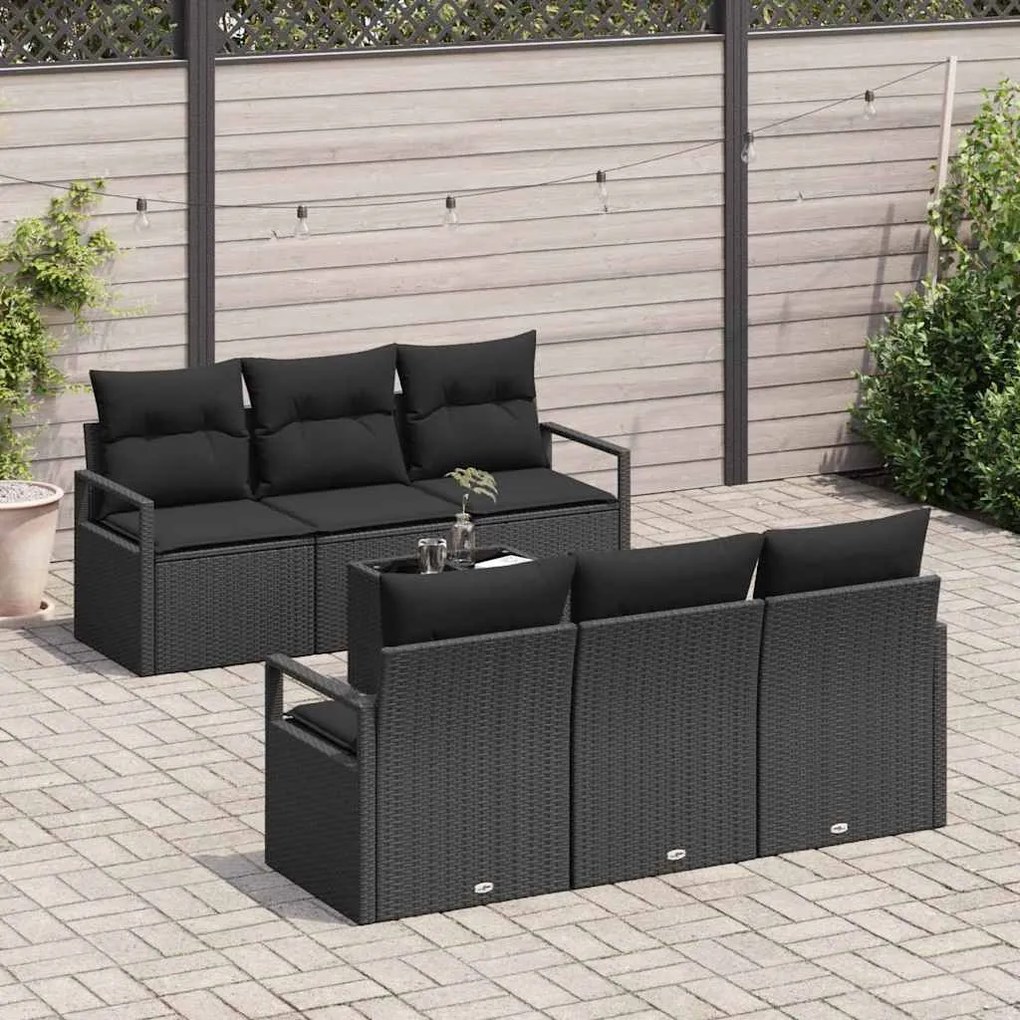Conjunto de sofá de jardim de 7 peças com almofadas em rattan preto
