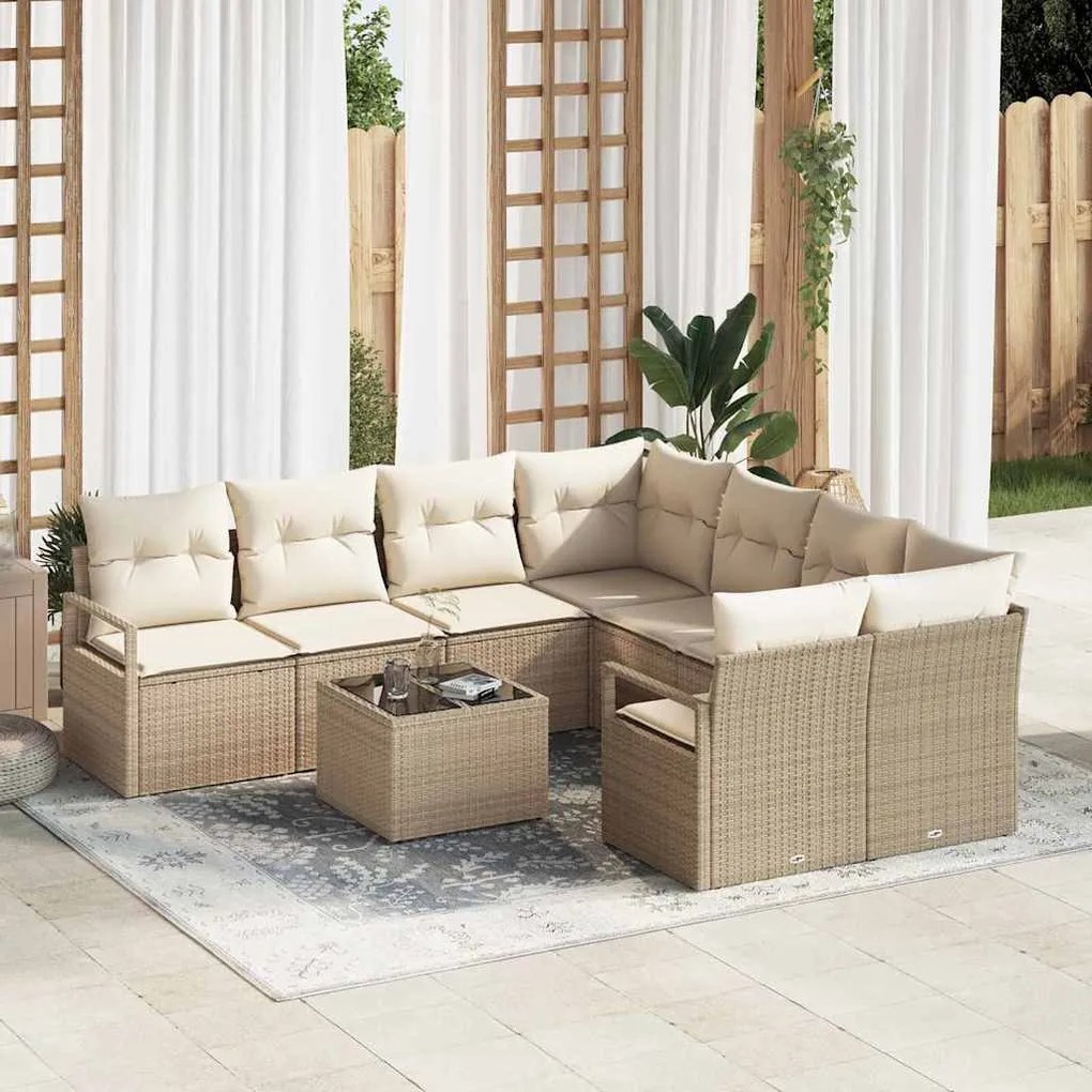 vidaXL Conjunto de Sofá de Jardim de 9 Peças com Almofadas de Rattan Bege.
