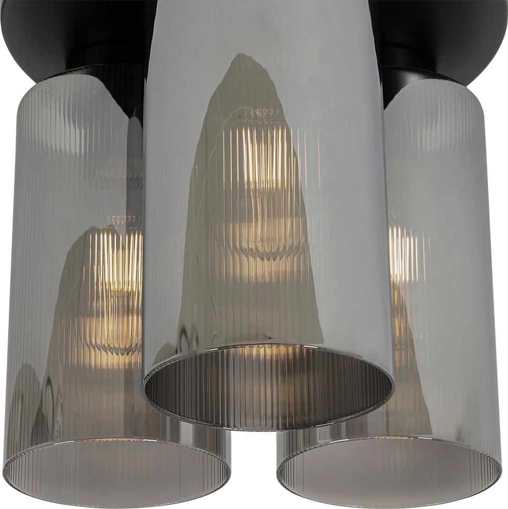 Candeeiro de tecto Art Deco preto com vidro fumê 3 luzes - Laura