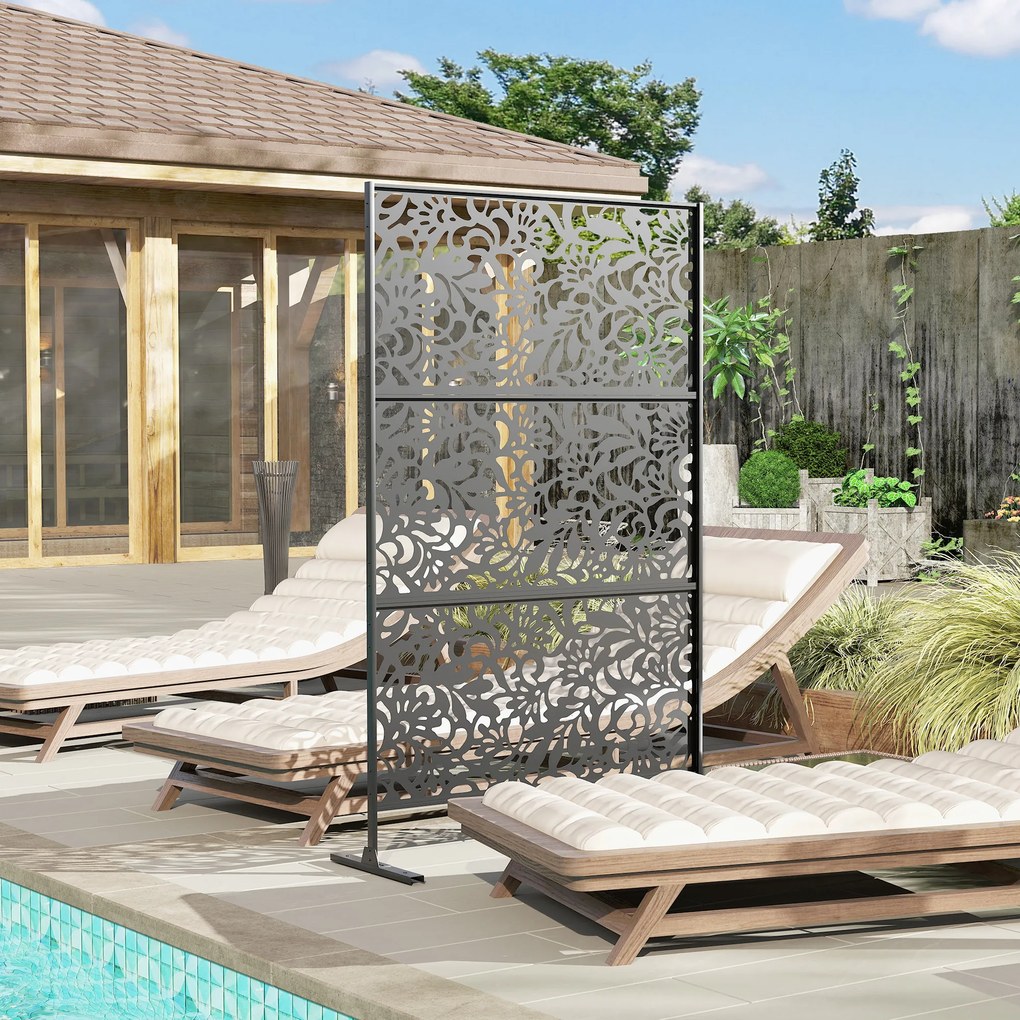 Painel decorativo de proteção visual para exterior, claustra decorativa para jardim, 3 painéis com motivo floral, em aço, 122 x 45 x 198 cm, preto
