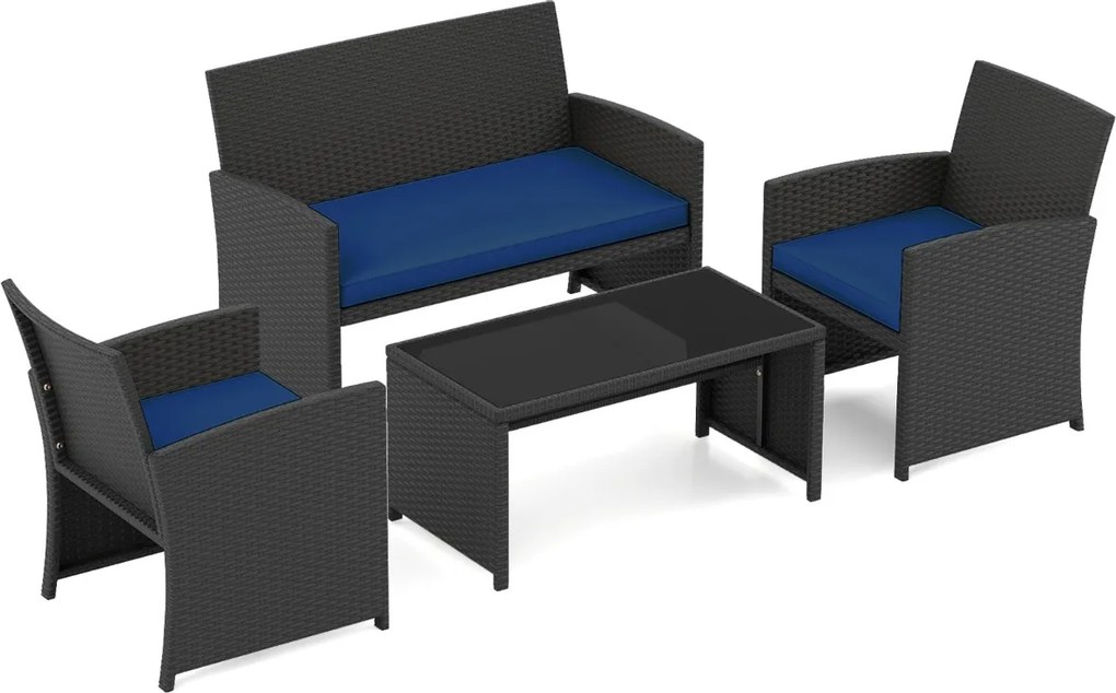 Conjunto de jardim em rattan com 4 peças: sofás de 2 lugares, mesa de vidro temperado e almofadas para exterior, varanda ou piscina, Preto+Azul escuro