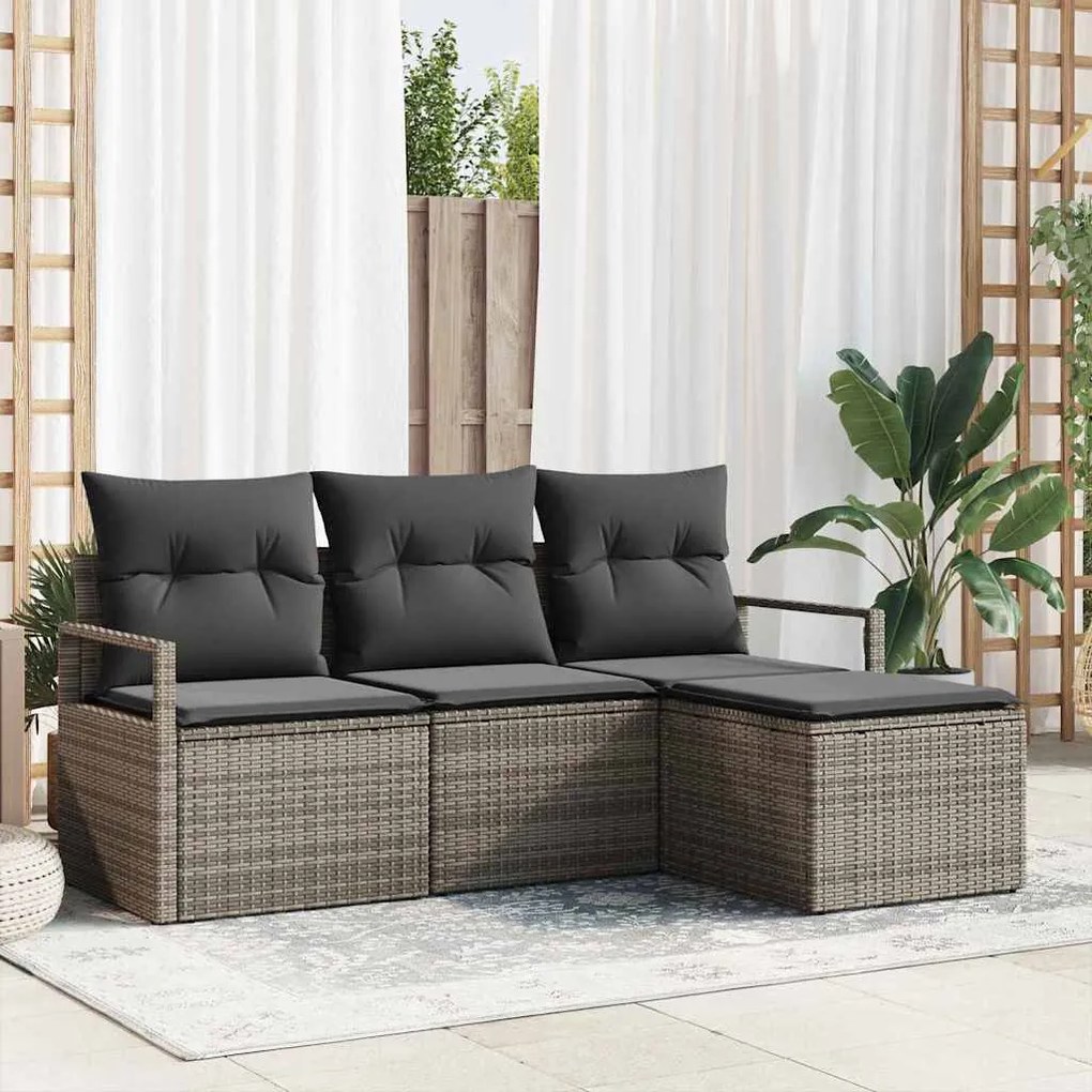 vidaXL Conjunto de Sofá de Jardim com 4 Peças e Almofadas Cinzas em Rattan Sintético