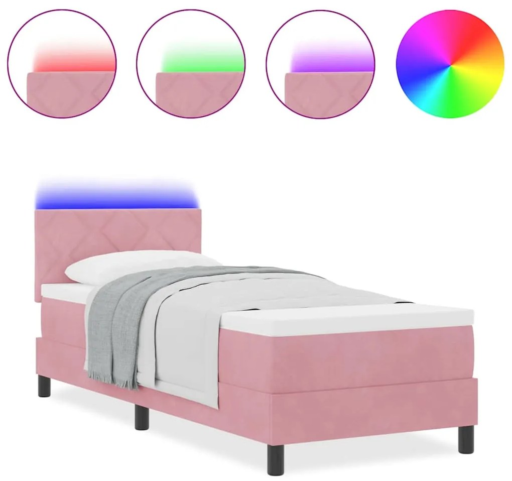 Cama Box Spring com Colchão e LED Rosa 80x200 cm Veludo