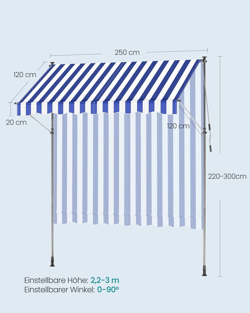 Toldo de fixação varanda 250 x 120 cm com manivela para proteção solar flexível, azul e branco