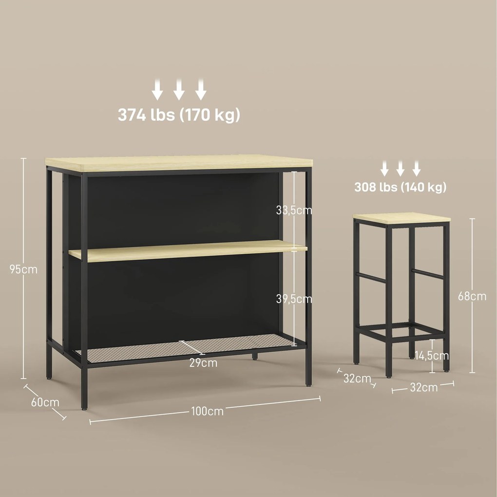 Conjunto de mesa de bar e 2 bancos de estilo industrial com prateleira de arrumação, apoio para os pés, em metal preto e com aspeto de madeira