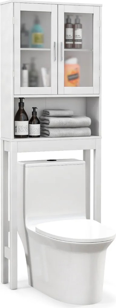Armario para casa de banho sobre a sanita com prateleiras ajustáveis 58 x 19 x 170 cm Portas de vidro fosco Branco