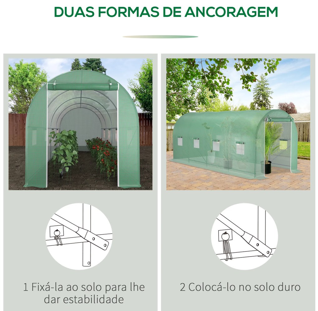 Estufa tipo Túnel 500x200x205 cm Estufa de Jardim com Porta Enrolável e 8 Janelas Cobertura de PE 140 g/m² Verde