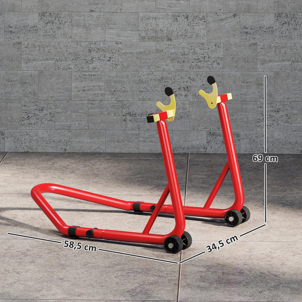 Cavalete Elevador Universal Suporte Roda Traseira Mota com Forquilhas em U e L Ajustáveis e Almofadas Antiderrapantes 58,5x34,5x69 cm Vermelho