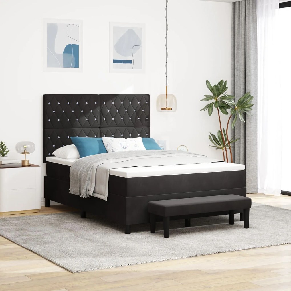 Cama Box com Colchão e Banco Preto 140x200 cm Veludo