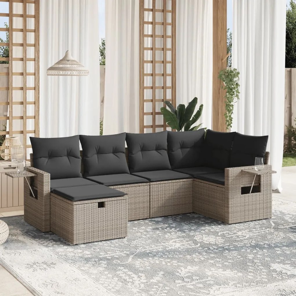 6 pcs conjunto sofás de jardim com almofadões vime cinzento