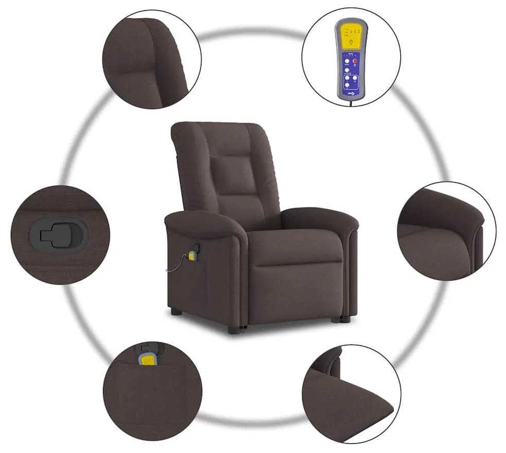 Poltrona massagens reclinável elevatória tecido castanho-escuro