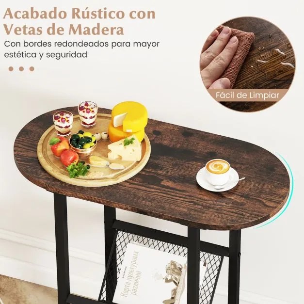 Mesa apoio, mesa de cabeçeira Estreita 60 x 28,5 x 64 cm com Suporte para Revistas Estrutura Metálica Castanho rústico