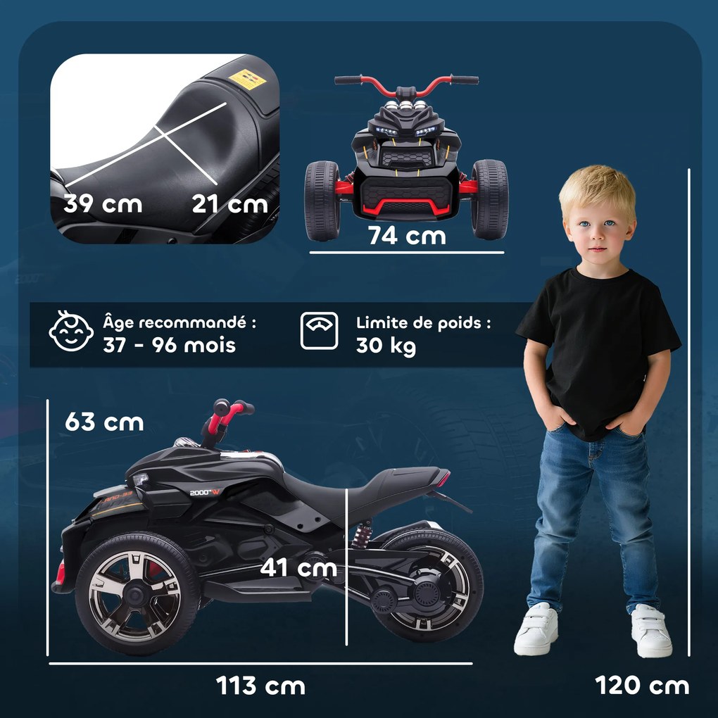 Moto 3 rodas infantil, 12 V, 3 rodas, 2 motores, leitor de MP3, buzina, 2 velocidades, 3-5 km/h, preta