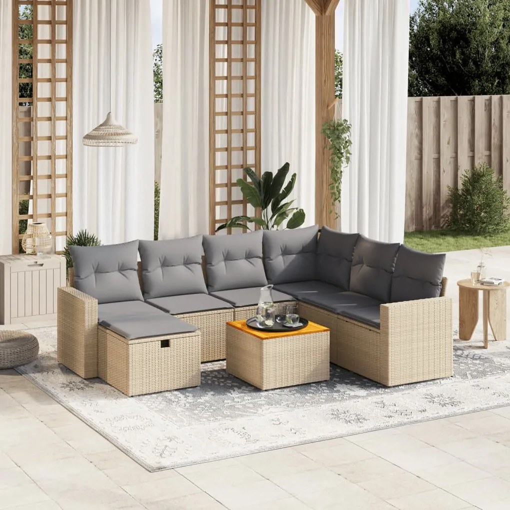 8 pcs conj. sofás jardim c/ almofadões vime PE bege misturado