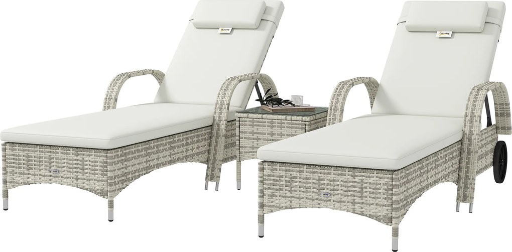 Conjunto de 2 espreguiçadeiras: colchão, apoio para a cabeça, inclinação ajustável, rodas + mesa baixa em vidro temperado creme