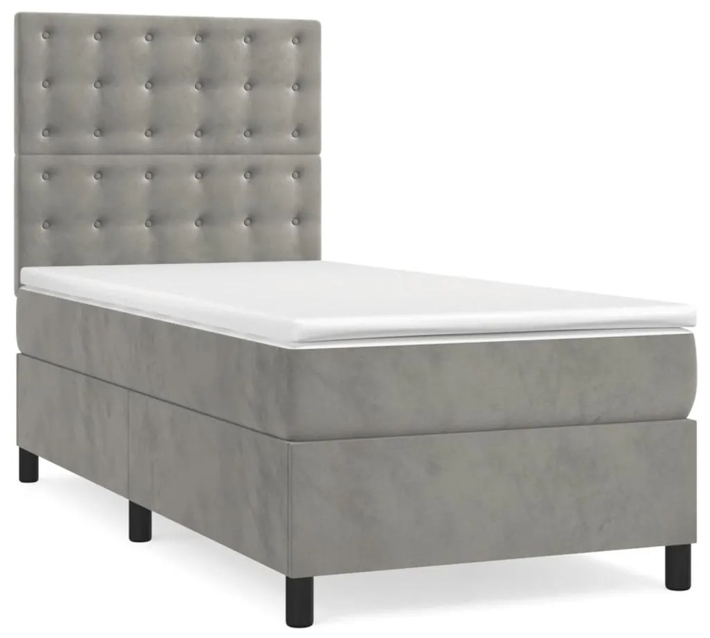 Cama box spring c/ colchão/LED 100x200 cm veludo cinzento-claro