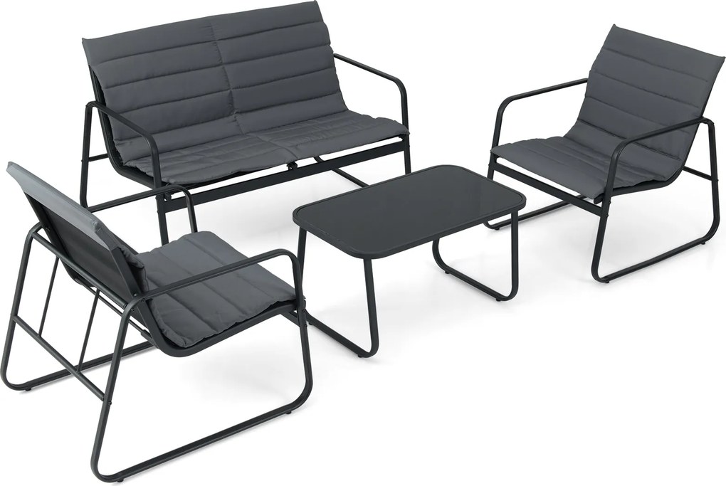 Conjunto de 4 Peças para Exterior: Sofá de 2 Lugares, 2 Cadeiras e Mesa de Centro, 75 x 44 x 41 cm, Almofadas Removíveis, Preto+Cinza