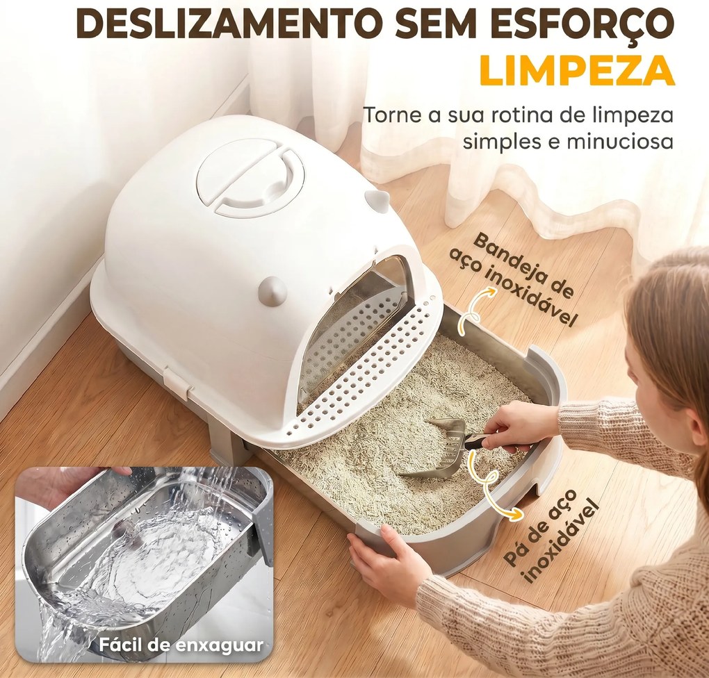 Caixa de Areia para Gatos L com Tampa Superior Removível Tabuleiro em Aço Inoxidável Porta Frontal e Pá Cinza