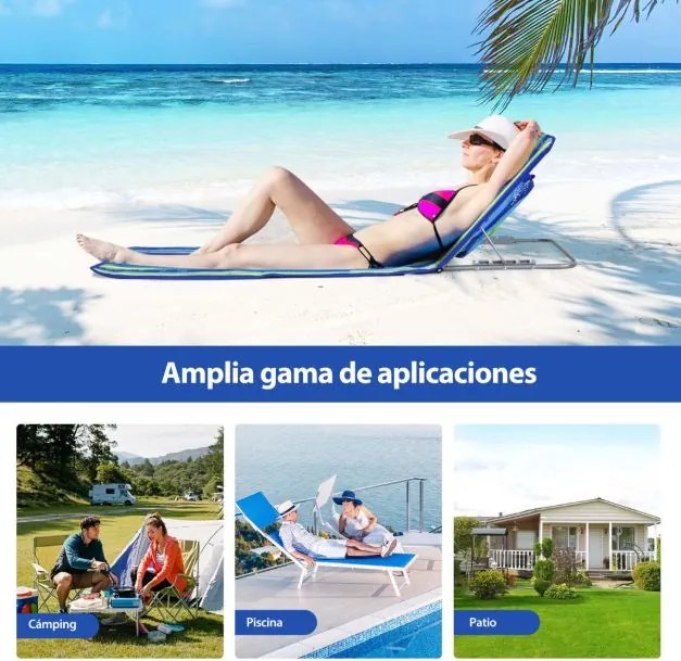 Conjunto de 2 espreguiçadeiras de praia dobráveis Tapetes de praia com mesa portáteis para a praia, jardim, campismo Riscas azuis