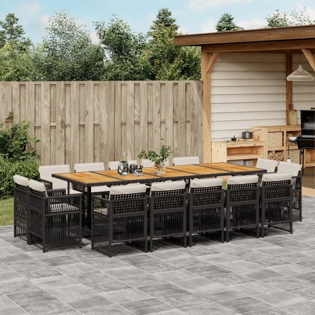 vidaXL 15 pcs conjunto de jantar p/jardim com almofadões vime PE preto
