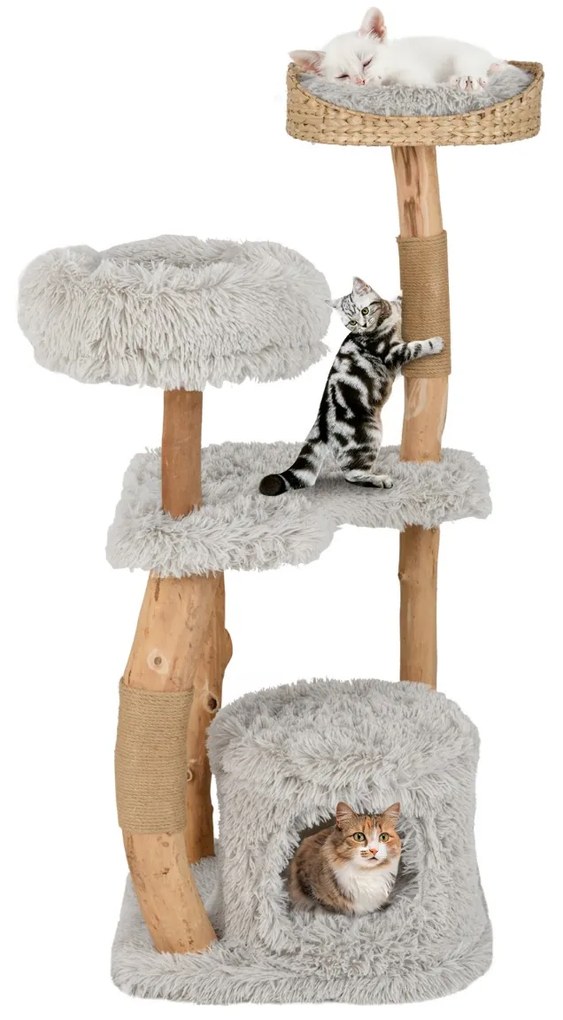 Arranhador Gatos de 124 cm de altura feito de madeira com caverna para gatos, superfície de assento em pelúcia cinzento