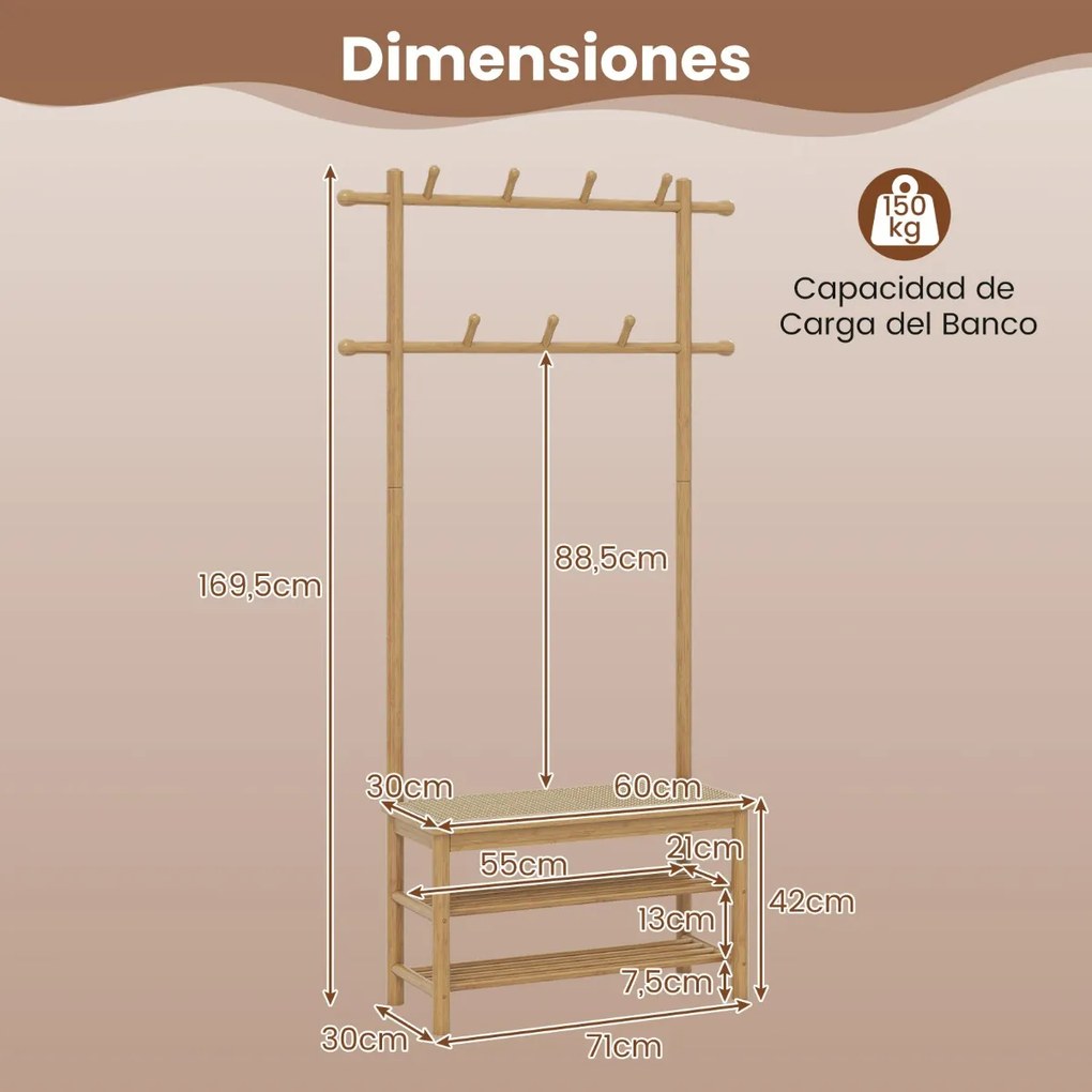 Cabide Guarda Roupa de bambu em rattan PE 71 x 30 x 169,5 cm para entrada com sapateira para entrada 3 em 1 com 2 barras Natural