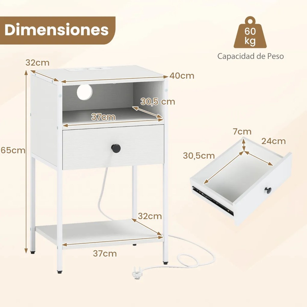 Mesa de cabeceira, mesa apoio 40 x 32 x 65 cm com estação de carregamento com Compartimento aberto Gaveta branca
