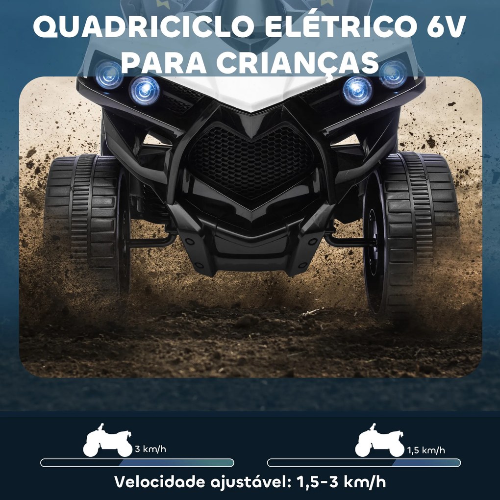 Moto 4 Elétrica Infantil 6V Quad para Crianças dos 37 aos 72 Meses Velocidade até 3 km/h Faróis e Música 70x42x45 cm Branco