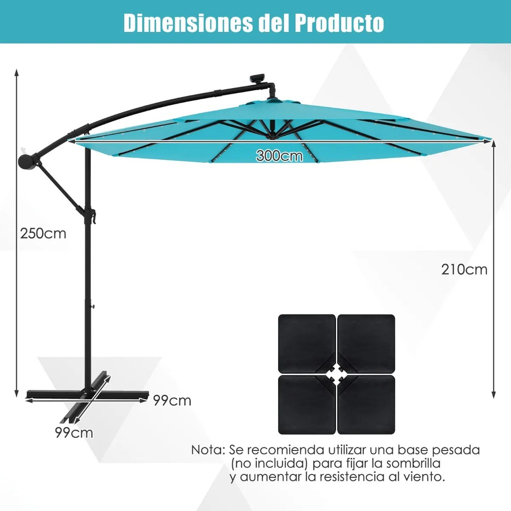 Guarda-sol Solar 3M com 40 Lâmpadas Painel Solar Ajuste de Inclinação com Base Cruzada (SEM PESOS) Iluminado para Pátio Jardim Turquesa