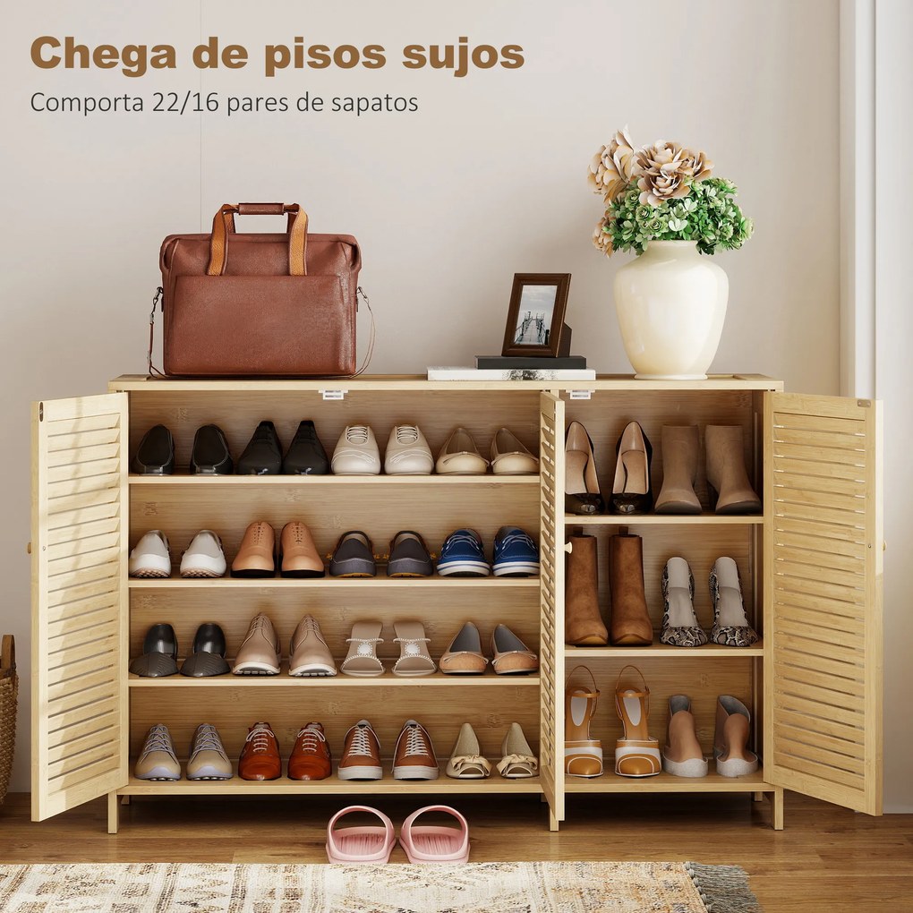 Armário para Sapatos de Bambu com Portas de Ripas Capacidade para 14 Pares Prateleiras Ajustáveis Madeira