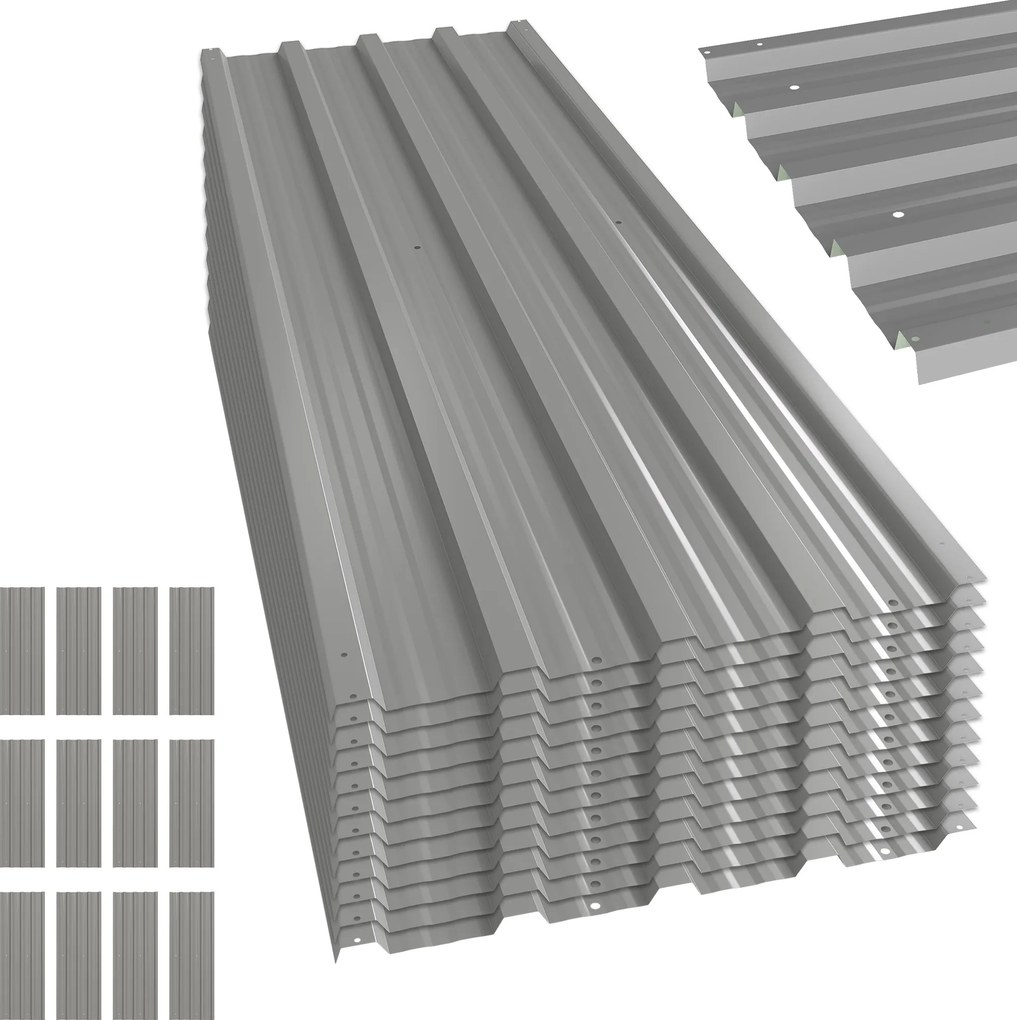 Conjunto de 12 painéis em aço galvanizado resistentes às intempéries, cinza claro, dimensões de cada painel: 129 cm (C) x 45 cm (L)