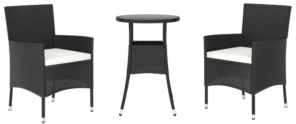 3 pcs conjunto bistrô de jardim c/ almofadões vime PE preto