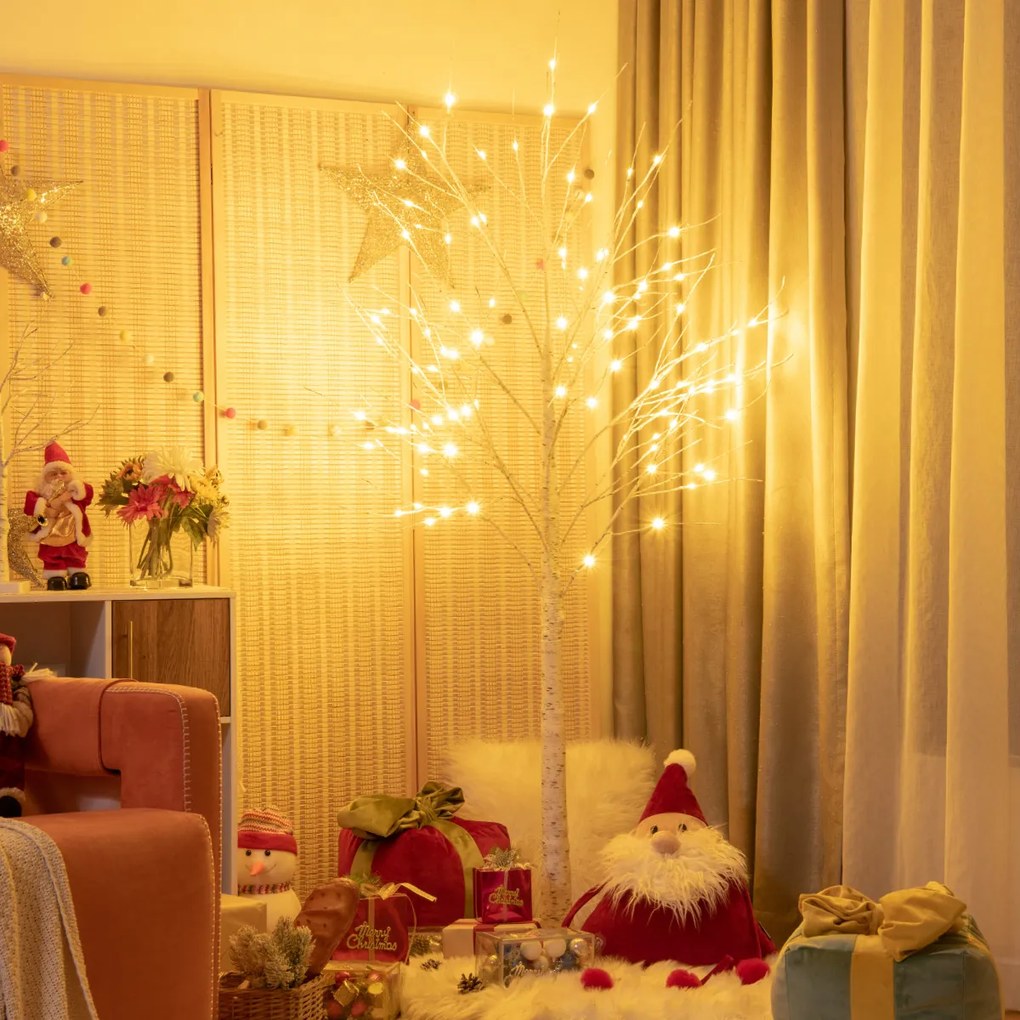 Árvore de Natal artificial de 180 cm com ramos de bétula e 96 luzes LED Mini Árvore decorativa branca